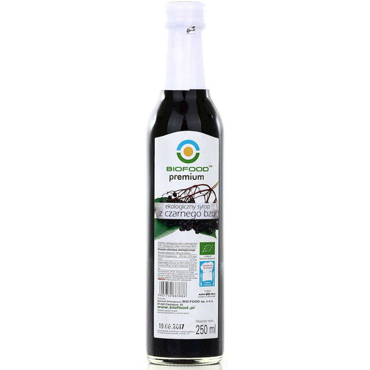 Bio Holundersirup in 250 ml Flasche von BIO FOOD, dunkle Farbe, mit Holunderbeeren und natürlichem Inhalt sichtbar