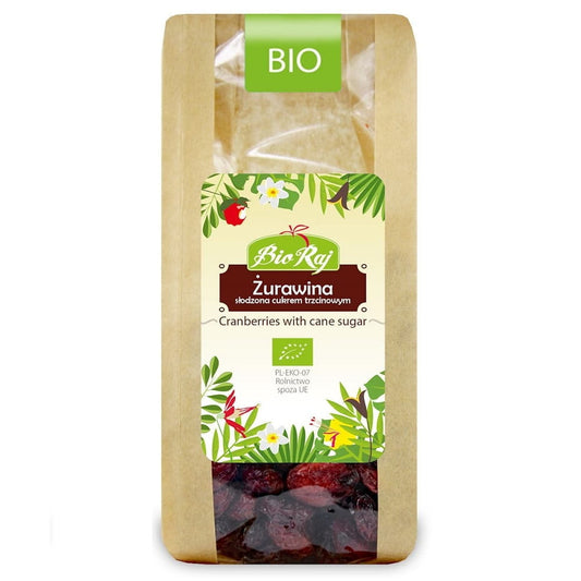 Gesüßte Bio-Cranberries mit Rohrzucker, 100 g, BIO RAJ, getrocknete rote Cranberries in einer transparenten Packung.