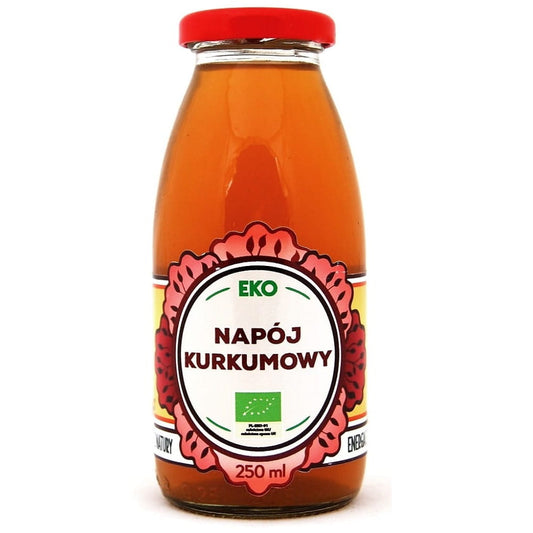 BIO Kurkuma Drink von DARY NATURY in 250 ml Flasche, cremige goldgelbe Flüssigkeit, natürliches Kurkuma-Getränk.
