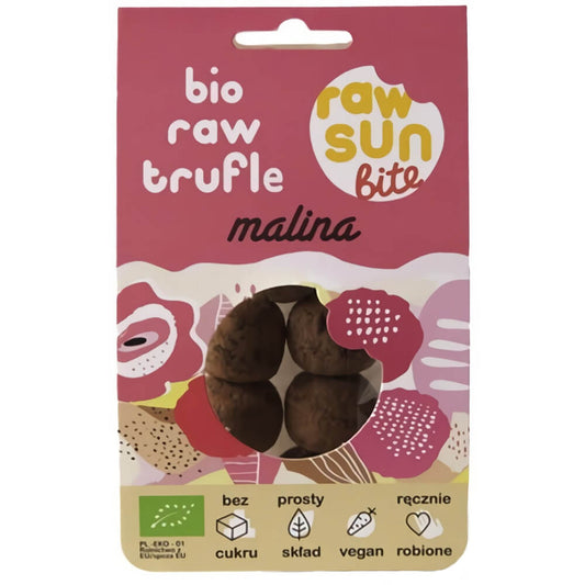 Bio Himbeertrüffel von RAW SUN BITE, 105 g, mit fruchtigem Himbeergeschmack, in natürlicher Verpackung.