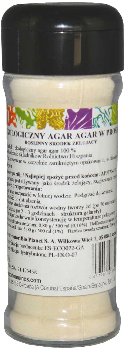 Bio-Agar 50 g von Porto Muinos, gelartige Substanz für wissenschaftliche Anwendungen, in transparentem Behälter sichtbar.
