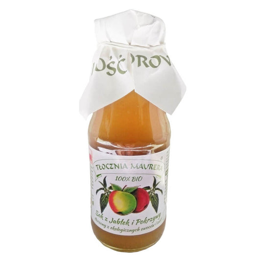 Bio Apfelsaft mit Brennnesseln von MAURER PRESS in 300 ml Flasche, zeigt die bottle mit Apfelsaft und Brennnesselblättern