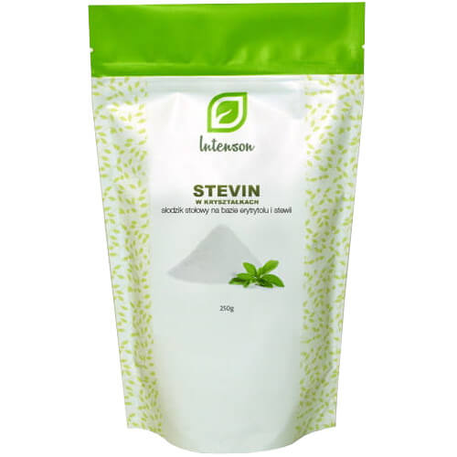 Kristalle im Glasbehälter für Stevin in Kristallen 250g von INTENSON, glänzend und transparent, perfekt für Dekoration und Spirituosen.