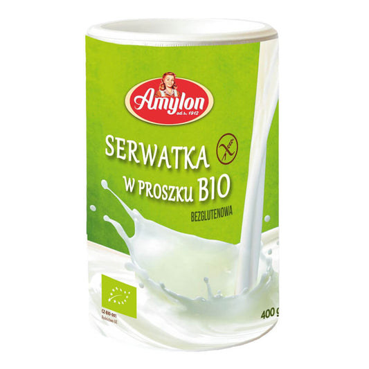 Glutenfreies Bio-Molkenpulver von AMYLON, 400 g, in einer offenen Packung, zeigt das weiße Pulver in einem Behälter.