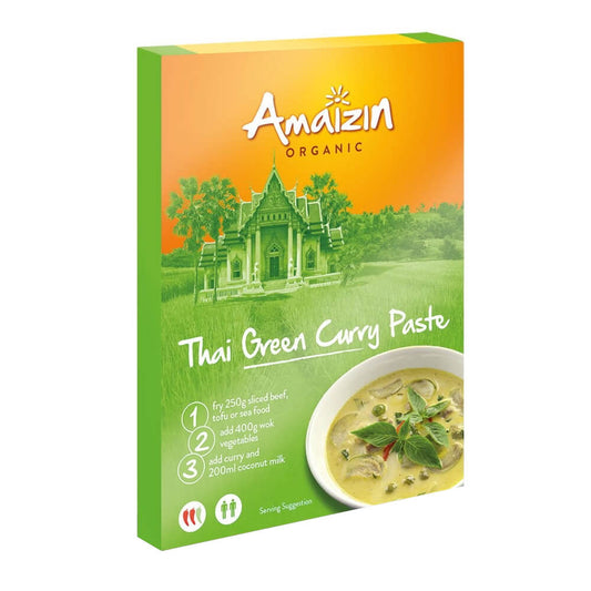 Grüne Bio Thai Curry Paste von AMAIZIN in 80 g, zeigt eine Dose mit grüner, würziger Thai Curry Paste auf weißem Hintergrund.