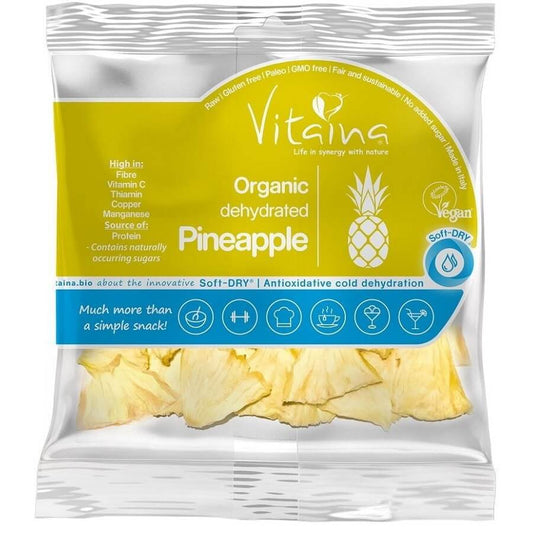 Getrocknete, rohe Ananas aus biologischem Anbau von VITAINA, glutenfrei, 25 g, frisches und saftiges Trockenfruchtprodukt.
