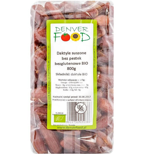 Getrocknete glutenfreie Bio-Datteln von Denver Food, 800g, saftig und aromatisch, ideal als gesunder Snack.