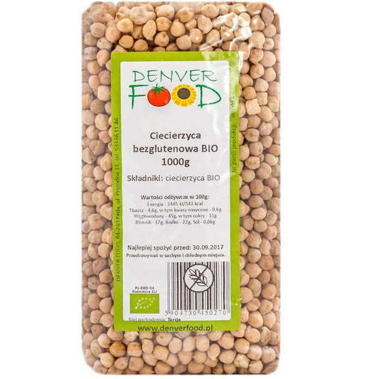 Glutenfreie Bio-Kichererbsen von DENVER FOOD, 1000g Packung, frische Hülsenfrüchte in einer transparenten Verpackung.