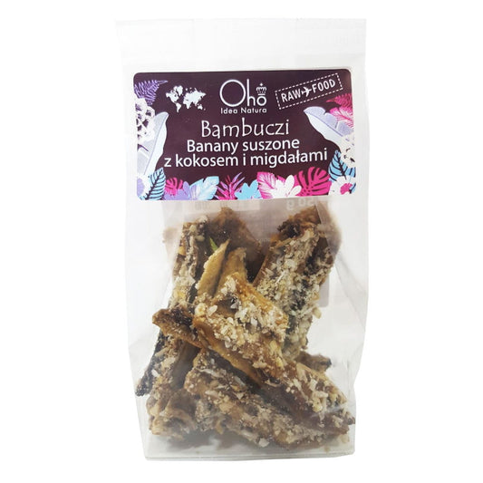 Getrocknete Bananen mit Kokosnuss und Mandeln von OHO BAMBUCZI, roh, BIO, 50 g, natürliche Snack-Delikatesse