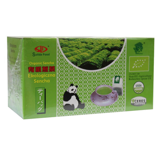 Grüner Sencha-Tee in Express BIO von SOLIDA FOOD, 25 Beutel zu 2 g, frisch und aromatisch in Verpackung sichtbar