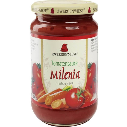 Glutenfreie Milenia-Tomatensauce BIO von ZWERGENWIESE, 350 g, mit frischen Tomaten und Kräutern in einer Glasflasche.
