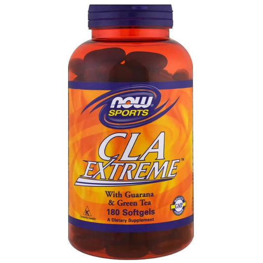 Nahrungsergänzungsmittel CLA Extreme mit Guarana, 180 Kapseln von NOW FOODS, braune Kapseln in einer Verpackung.