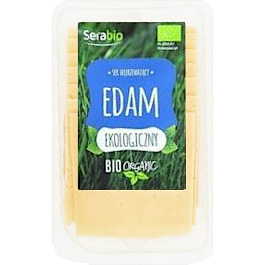 Scheiben von Bio Edamer Reifekäse von SERABIO, 125 g, auf weißem Hintergrund sichtbar.