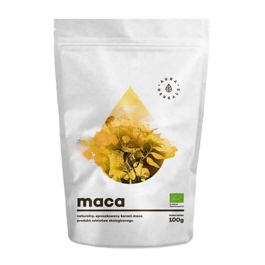 Bio Macawurzelpulver von AURA HERBALS, feines Pulver in 100g Verpackung, frischer und natürlicher Maca-Wurzelpulver.