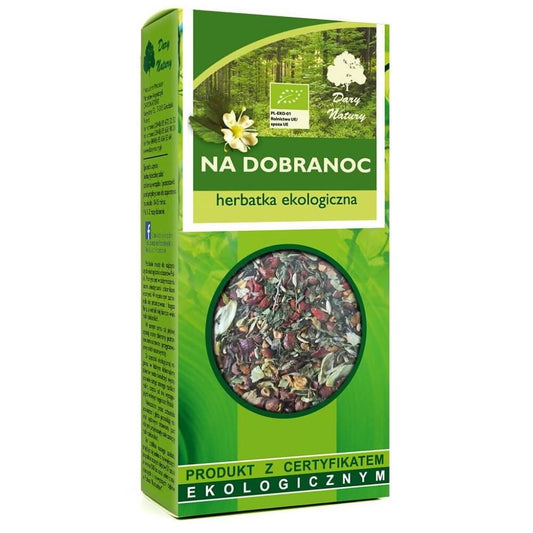 Bio-Gute-Nacht-Tee von DARY NATURY in 100 g Packung, entspannender Kräutertee für einen ruhigen Schlaf.
