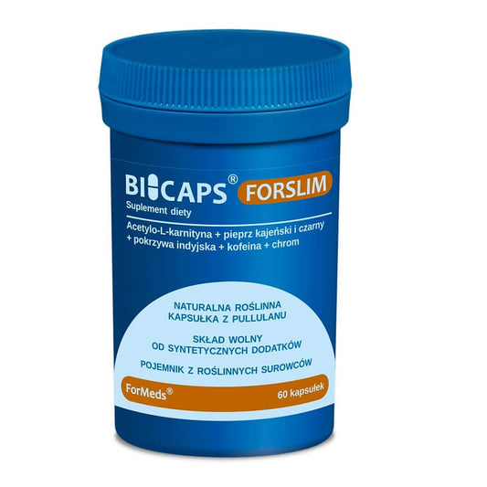 BICAPS Forslim Nahrungsergänzungsmittel, 60 Kapseln, 318 g, von FORMEDS, geöffnet mit Kapseln und Verpackung sichtbar