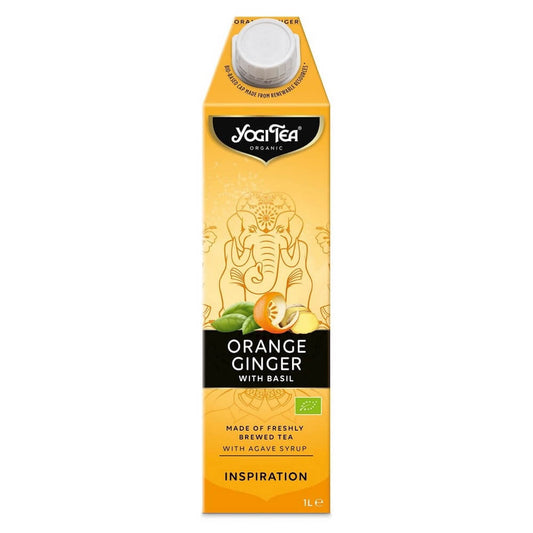 Bio Erfrischungsgetränk Orange mit Ingwer und Basilikum von YOGI TEA in einer 1000 ml Flasche, erfrischend und aromatisch.