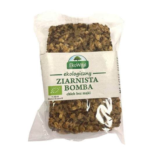 Bio Körnerbrot von EKOWITAL, 380 g, mit Sprossen, vollkornreich, frisches und gesundes Bio-Brot auf dem Teller liegend