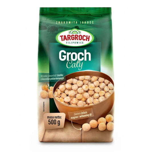 Ganze Erbsen von TARGROCH in 500g Packung, frische grüne Hülsenfrüchte, ideal für Suppen und Eintöpfe.