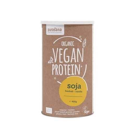 Laktosefreies Sojaprotein mit Baobab und Vanille, glutenfrei und biologisch, 400 g, von PURASANA, in einer Packung.