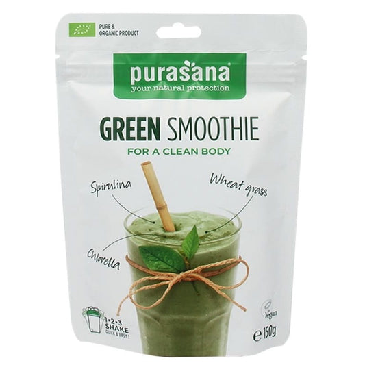 Grüner Bio-Smoothie von PURASANA, gluten- und laktosefrei, in 150 g Packung, frisch und gesund.