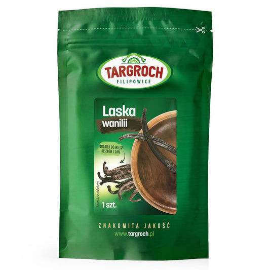 Vanilleschote von TARGROCH, ein Stück, mit dunkler Schote und aromatischem Duft, ideal zum Verfeinern von Süßspeisen.