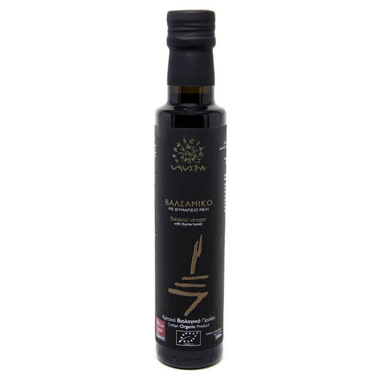 Bio Balsamico-Essig mit Thymianhonig in 250 ml Flasche von V4VITA, dunkler Essig mit Honig und Kräutern.