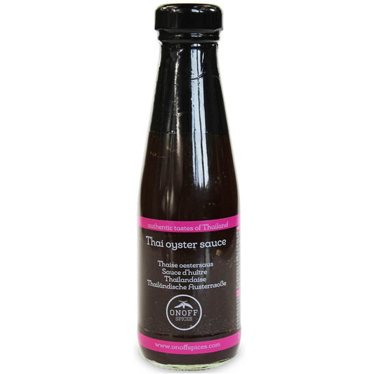 Austernsauce in 230 ml Flasche von ONOFF GEWÜRZE, Nahaufnahme der Flasche mit Etikett und Deckel