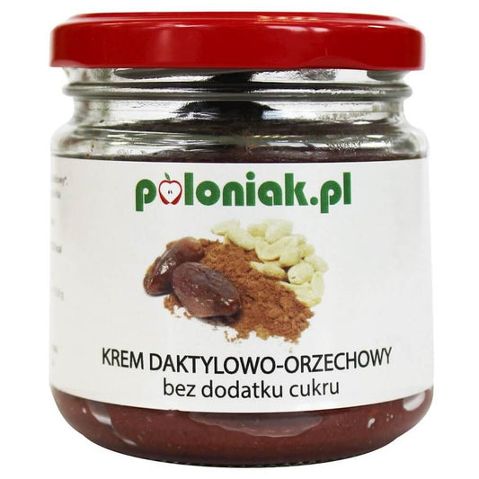 Bio Dattel-, Nuss-, Kakao- und Orangencreme von POLONIAK in 200 ml Glas, cremige Konsistenz und natürliche Zutaten sichtbar