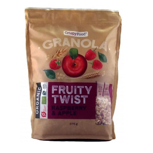 Knuspriges BIO-Frucht-Granola von CRISPY FOOD in 375 g Packung, mit getrockneten Früchten und Haferflocken.