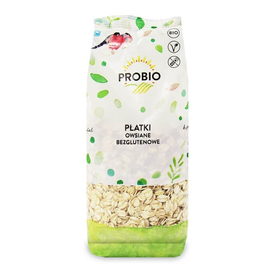 Glutenfreie BIO Haferflocken von PROBIO, 250 g, in einer offenen Packung, mit Haferflocken in Nahaufnahme.