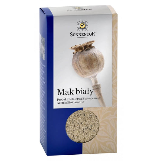 Bio weißer Mohn von SONNENTOR, glutenfrei, 150 g, Nahaufnahme der Mohnsamen in einer Packung.