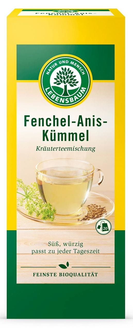 Bio Fencheltee mit Anis und Kreuzkümmel im Pack à 20 Beutel, von LEBENSBAUM, mit frischen Kräutern in Teebeuteln.