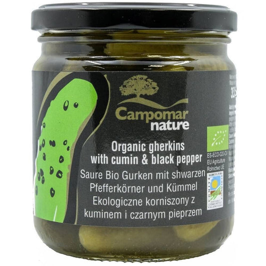 Bio Gewürzgurken mit Kreuzkümmel und schwarzem Pfeffer in 350 g Glas, von CAMPOMAR NATURE, frische eingelegte Gurken.