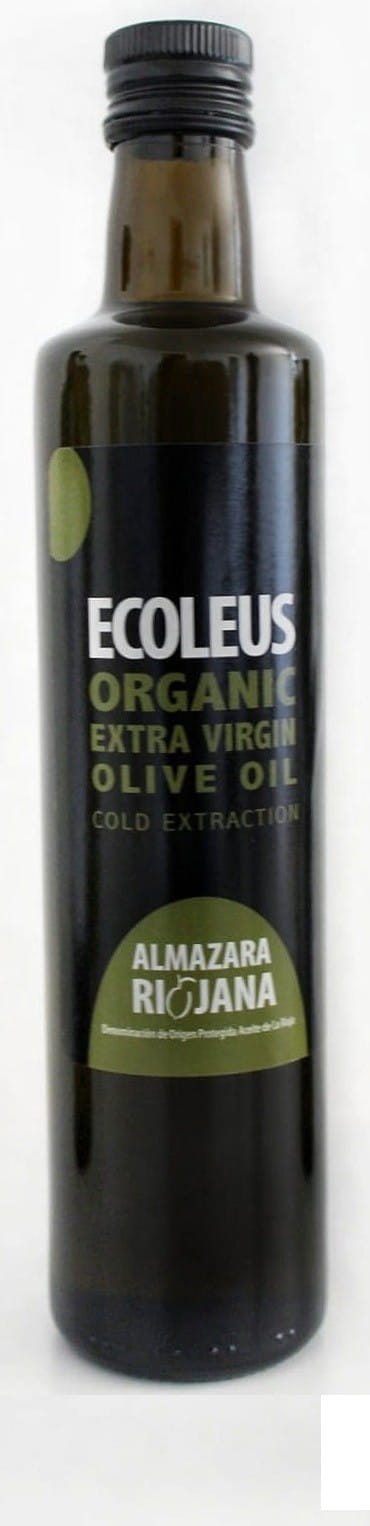 Natives Olivenöl extra BIO von ALMAZARA RIOJANA in 500 ml Flasche, goldgelbe Farbe, flüssig, hergestellt aus biologischen Oliven.