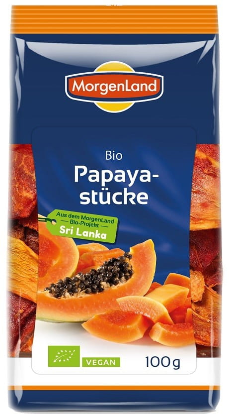 Getrocknete, biologische Papayastücke von DENNREE, 100 g, frische, getrocknete Früchte für gesunden Snack oder Zubereitung.
