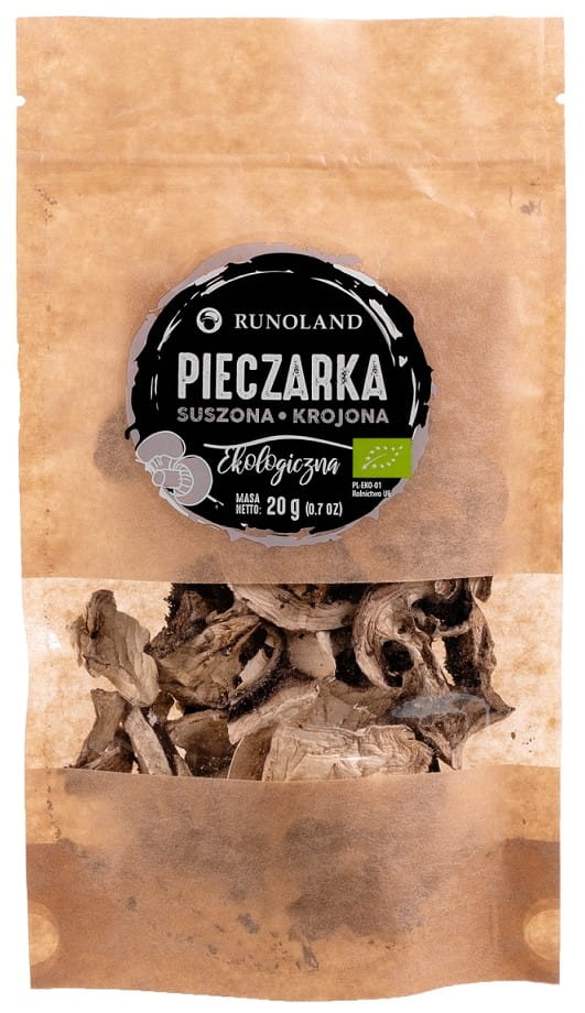 Getrocknete, geschnittene Bio-Pilze von RUNOLAND in 20 g Packung, detailreiche Ansicht der Pilzstücke.