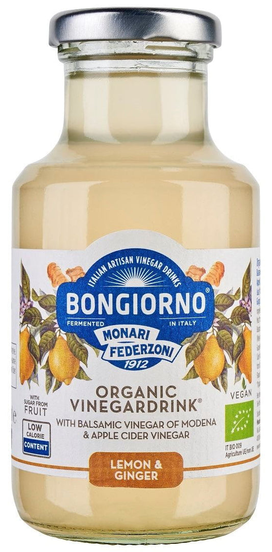 Bio Zitronen-Ingwer-Getränk mit Balsamico aus Modena, 250 ml, von BONGIORNO, Flasche mit gelber und brauner Flüssigkeit.