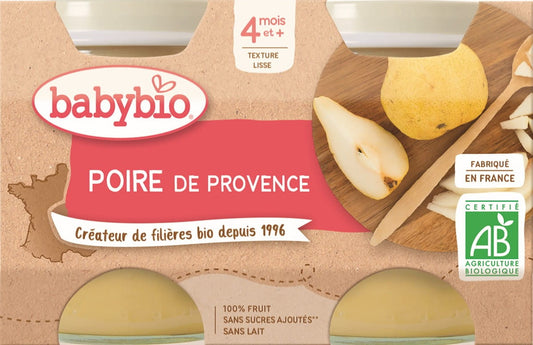 Biologisches Birnendessert für Babys ab 4 Monaten, glutenfrei, 2x130 g von BABYBIO, in Glasbehältern.