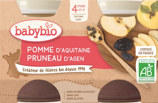 Babydessert mit Pflaumen, glutenfrei und BIO, in 2x130 g Packung, für Babys ab 4 Monaten, von BABYBIO