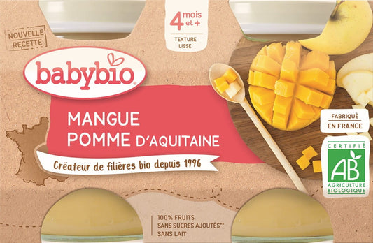 Bio Dessert Mango-Apfel für Babys ab 4 Monaten, glutenfrei, in 2x130 g Packung, von BABYBIO, zeigt die Fruchtmischung in Gläschen