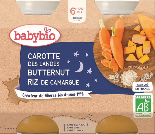 Gute-Nacht-Mahlzeit von BABYBIO, glutenfreier Reis mit Karotten und Butternusskürbis für Babys ab 6 Monaten, 2x200 g.