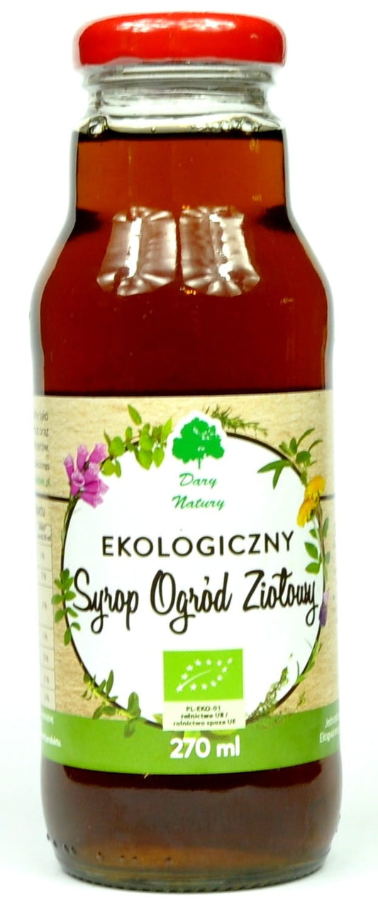 BIO Kräutergartensirup von DARY NATURY in 270 ml Flasche, naturbelassene Kräuter in Glasflasche, ideal für gesunde Getränke.