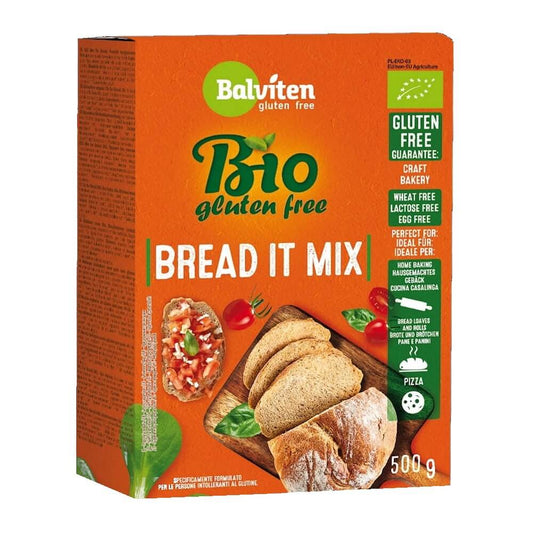 Bio glutenfreie Brotbackmischung von BALVITEN in 500 g Packung, zeigt die Verpackung mit Brotbackzutat.