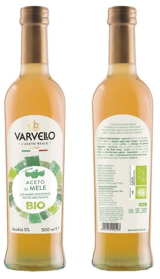 Bio ungefilterter Apfelessig von VARVELLO in 500 ml Flasche, zeigt die klare Flüssigkeit in der Flasche.