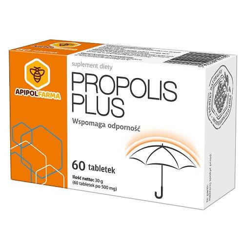 Propolis plus Zink und Vitamin C Tabletten von APIPOL FARMA, 60 Stück, Nahaufnahme der Verpackung und Tabletten