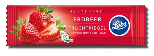 Bio glutenfreier Dattelriegel mit Erdbeeren von LUBS, 30 g, zeigt frische Erdbeeren und Datteln in natürlicher Verpackung.