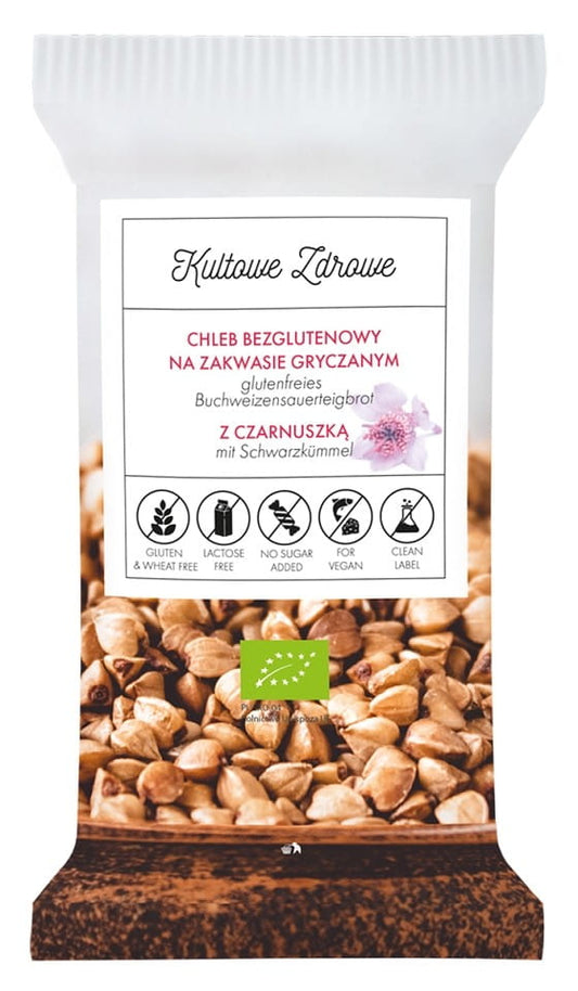 Vorderansicht eines glutenfreien Buchweizen-Sauerteigbrots mit Schwarzkümmel, BIO, 450 g, von GOOD STUFF, ICONIC HEALTH