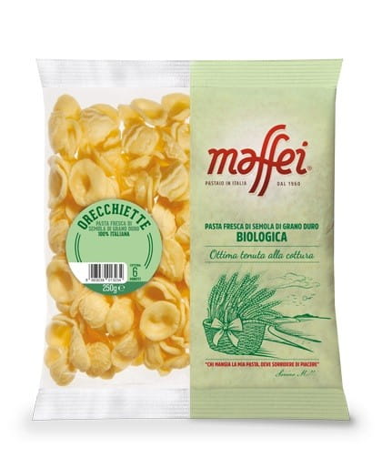 Bio Orecchiette-Nudeln von PASTAIOMAFFEI in 250 g Packung, trockene Pasta mit typischer ohrförmiger Form.