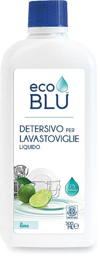 ECO BLU Geschirrspülmittel Kalk 500 ml Flasche, umweltfreundliches Reinigungsmittel gegen Kalkablagerungen, sichtbare Flasche und Etikett